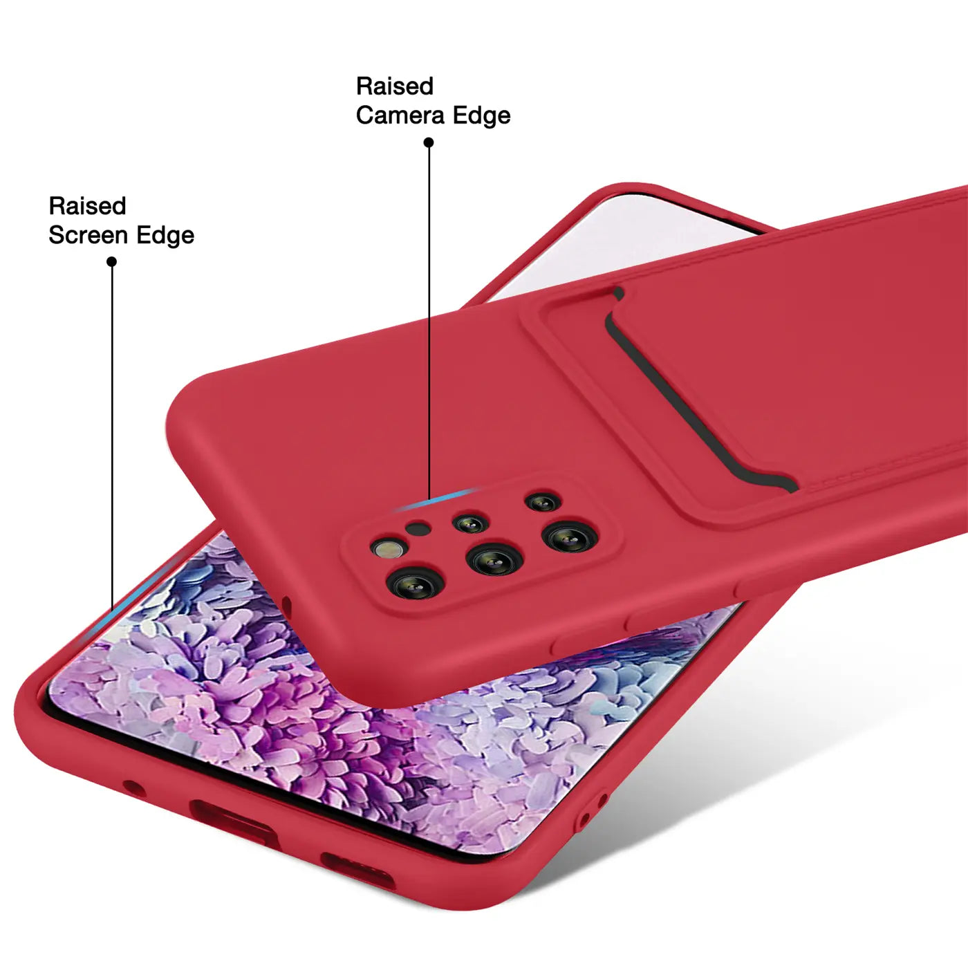 Rote Slim Hülle aus Kunststoff mit Kartenfach auf Samsung S20 Plus, von schräg oben