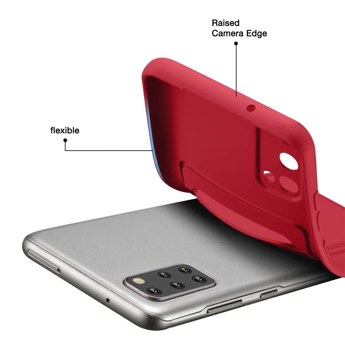 Rote flexible Hülle wird auf ein silbernes Samsung Galaxy S20 Plus gelegt.