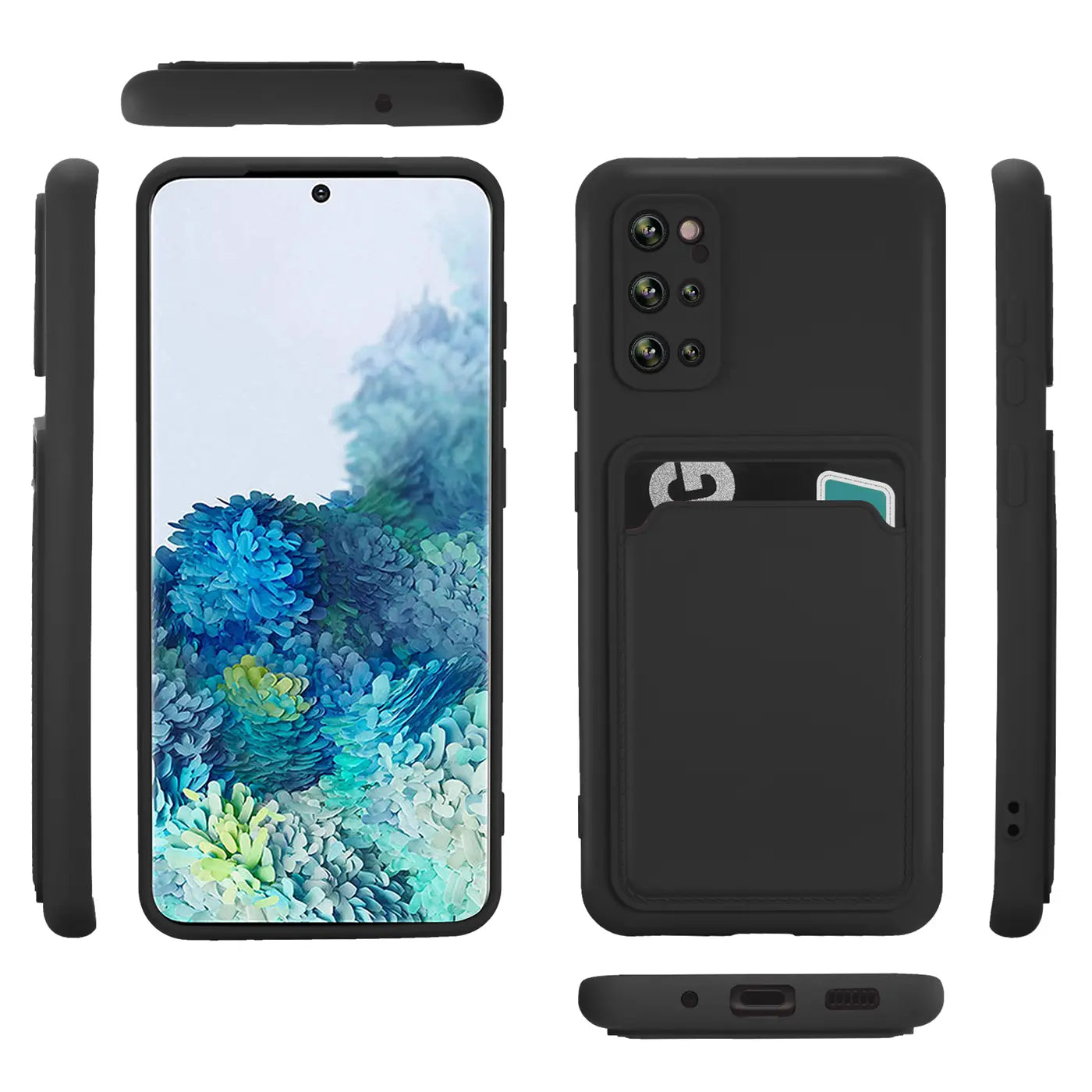 Schwarze Handyhülle aus Gummi mit Kartenfach für Samsung Galaxy S20 Plus, verschiedene Ansichten.