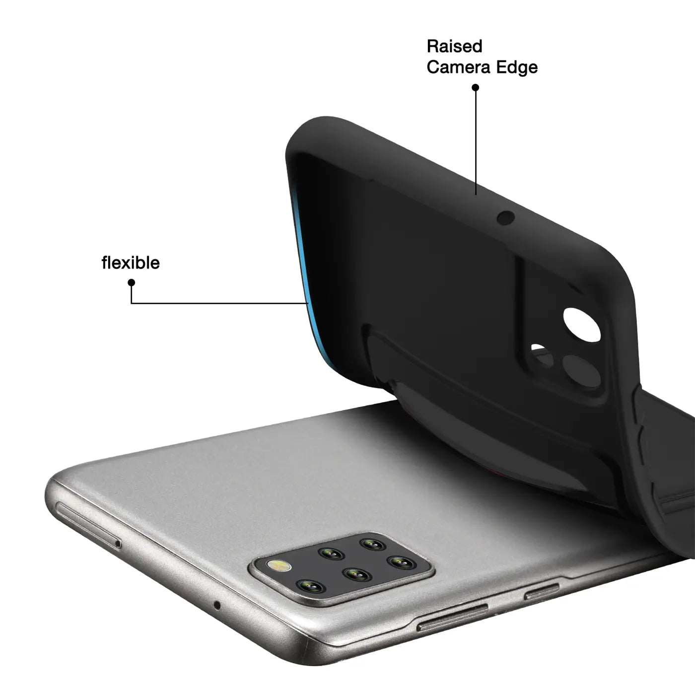 Schwarze flexible Hülle wird auf ein silbernes Samsung S20 Plus aufgesetzt.
