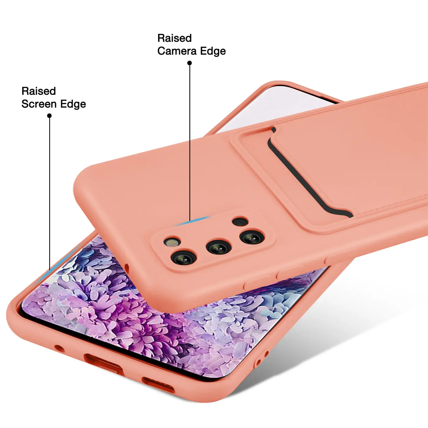 Rosa Hülle mit Kartenfach auf Samsung S20, von hinten, Nahaufnahme.