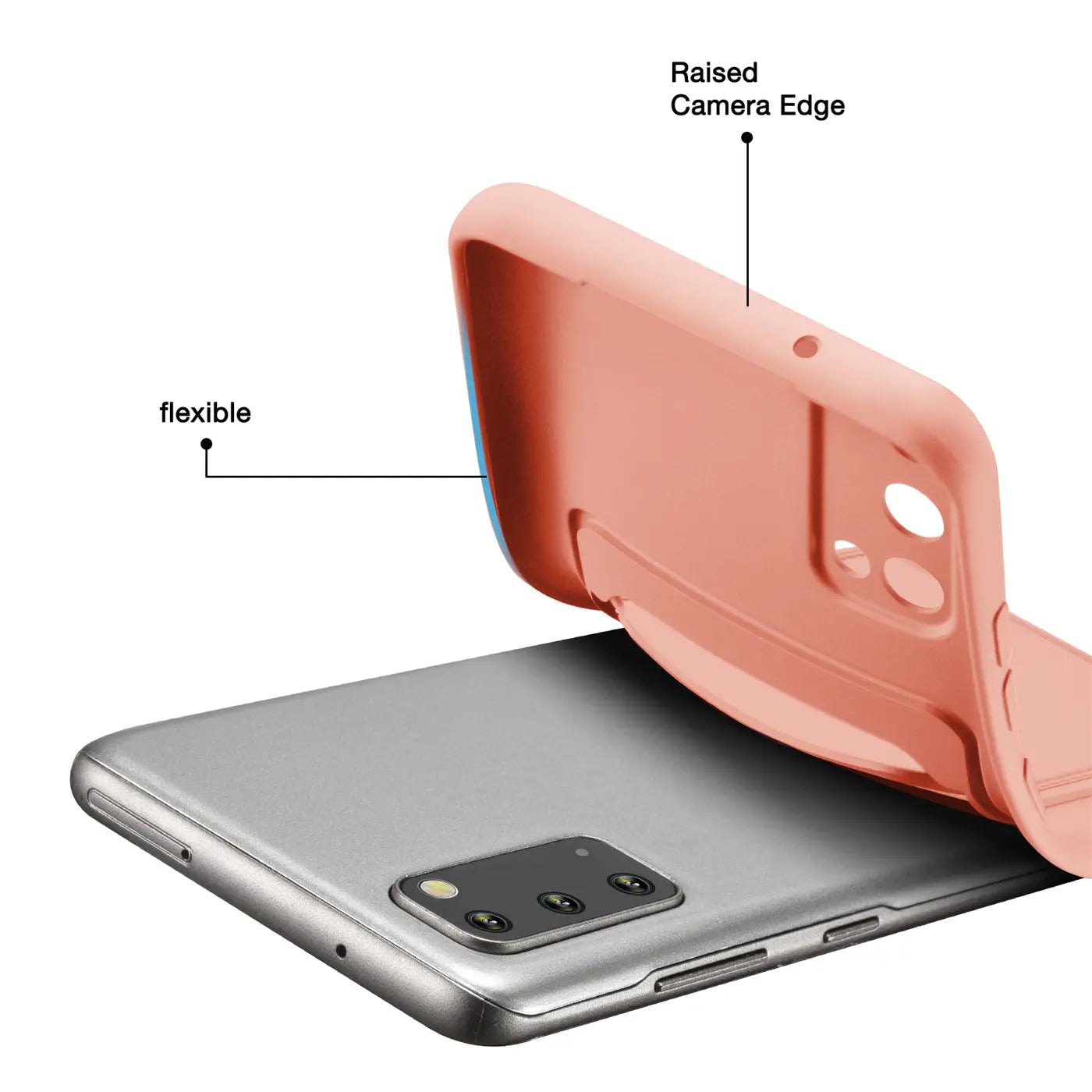Rosa flexible Hülle wird auf ein silbernes Samsung Galaxy S20 aufgesetzt.