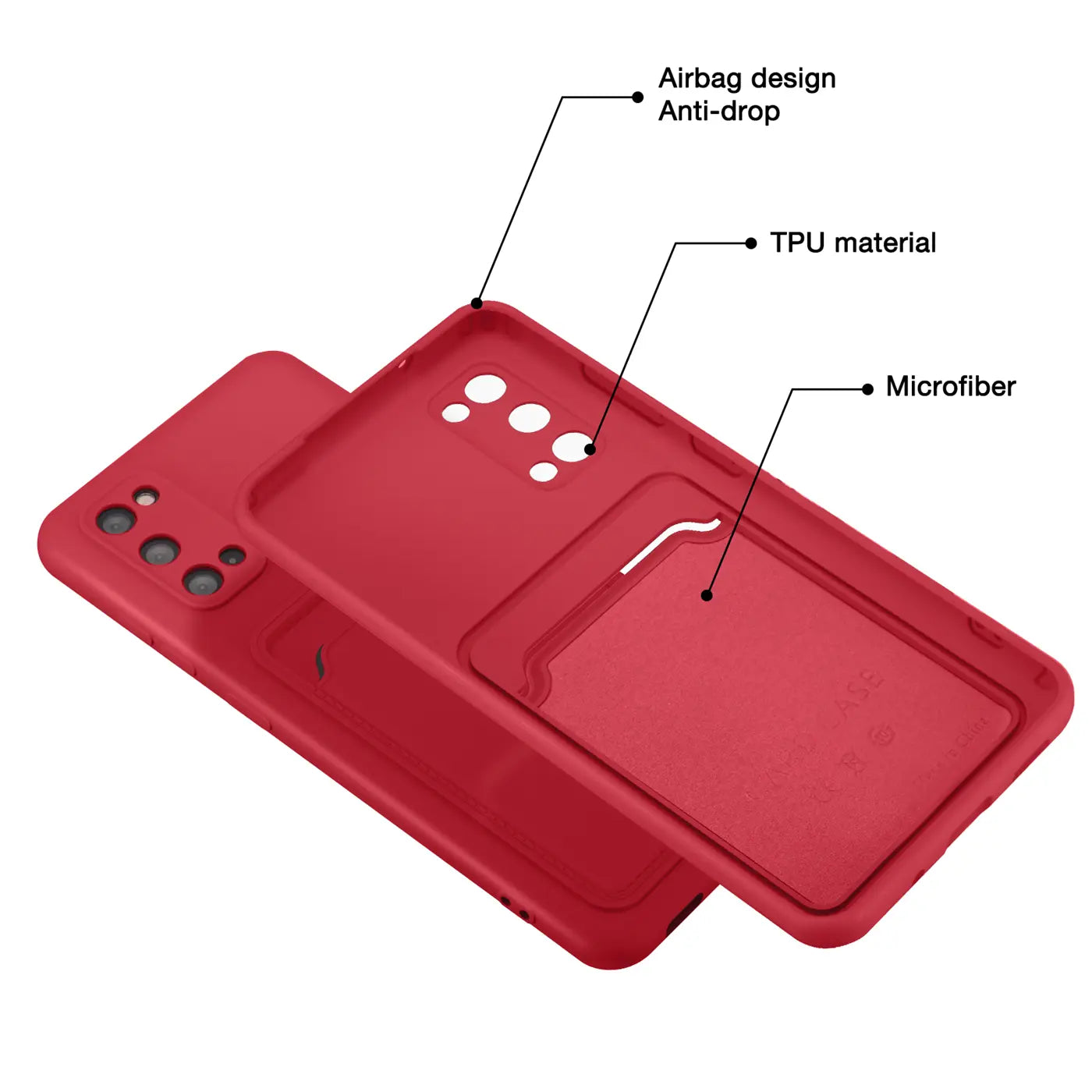 Rote TPU-Hülle mit Kartenfach, Rückseite und Innenleben sichtbar, für Samsung Galaxy S20.