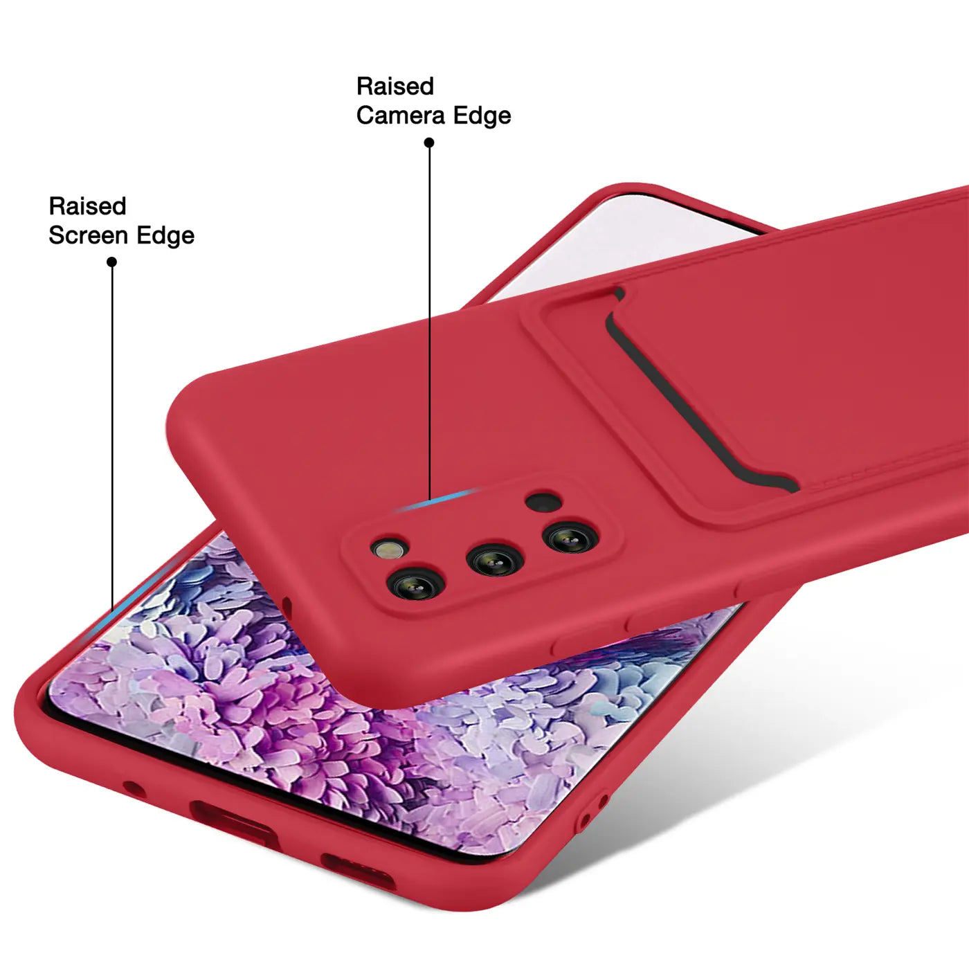 Rote Slim Hülle mit Kartenfach, auf Samsung S20 aufgesetzt, von schräg oben