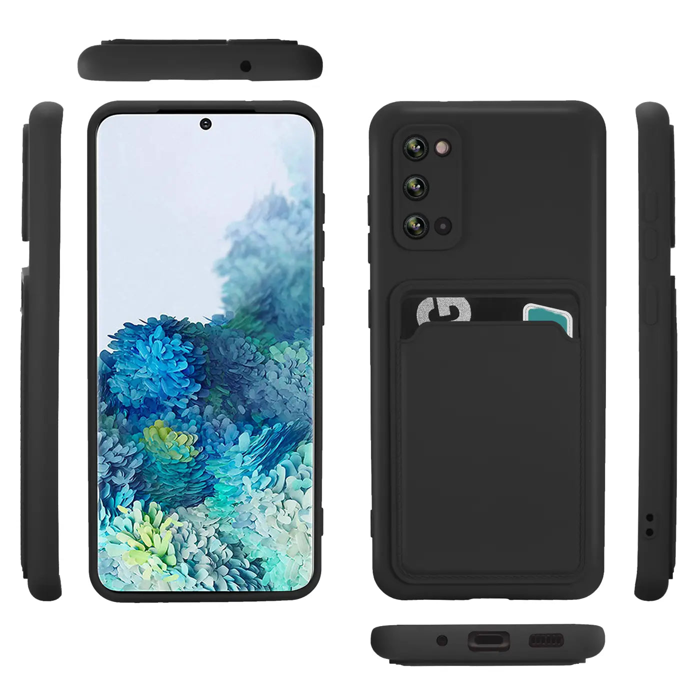 Schwarze Slim Hülle aus Kunststoff mit Kartenfach für Samsung Galaxy S20, verschiedene Ansichten.