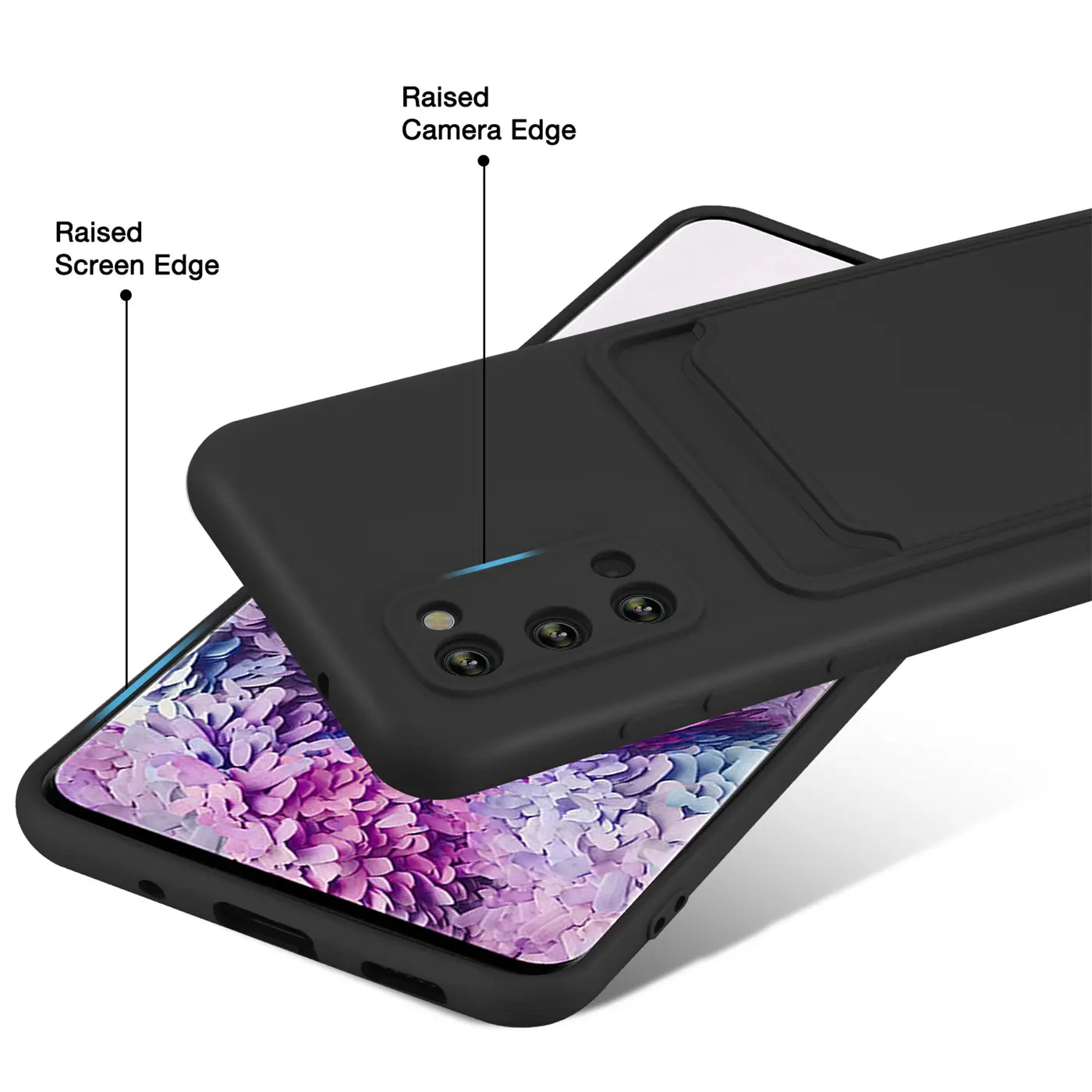 Schwarze Slim Hülle aus Kunststoff mit Kartenfach, zeigt Samsung S20 Rückseite, schräg von oben