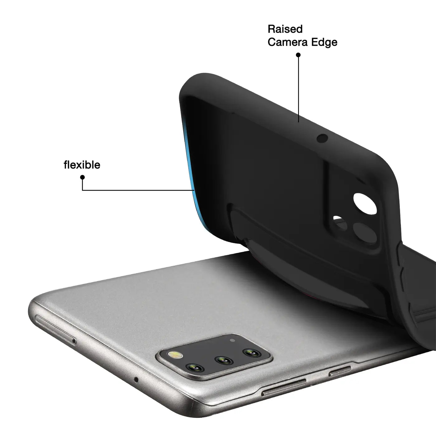 Schwarze, flexible Hülle wird auf ein silbernes Samsung Galaxy S20 aufgesetzt.