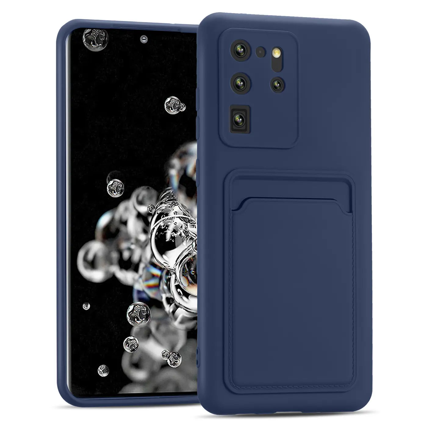 Dunkelblaue Handyhülle aus Kunststoff mit Kartenfach, von vorne/seitlich, Samsung Galaxy S20 Ultra.