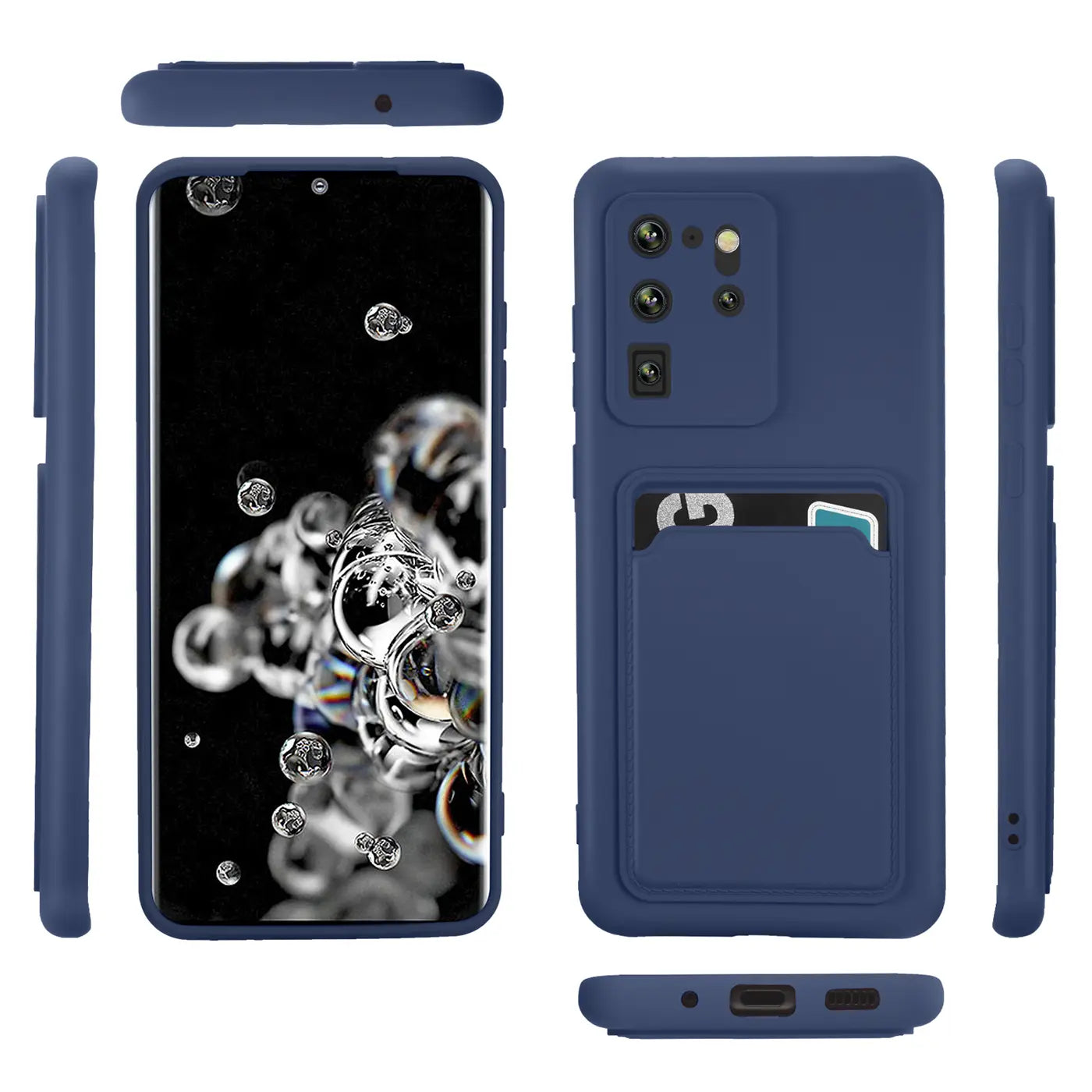 Dunkelblaue Slim Hülle mit Kartenfach für Samsung S20 Ultra, verschiedene Ansichten