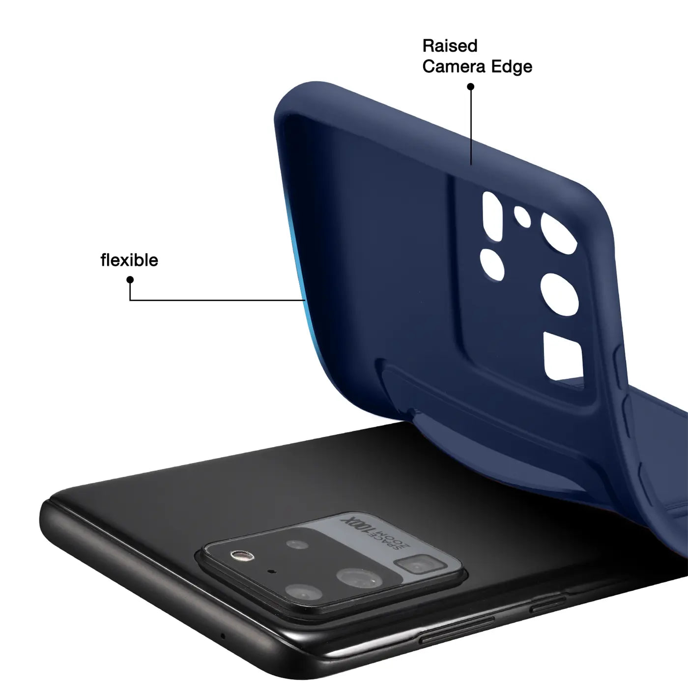 Dunkelblaue flexible Hülle wird auf ein schwarzes Samsung S20 Ultra aufgesetzt.