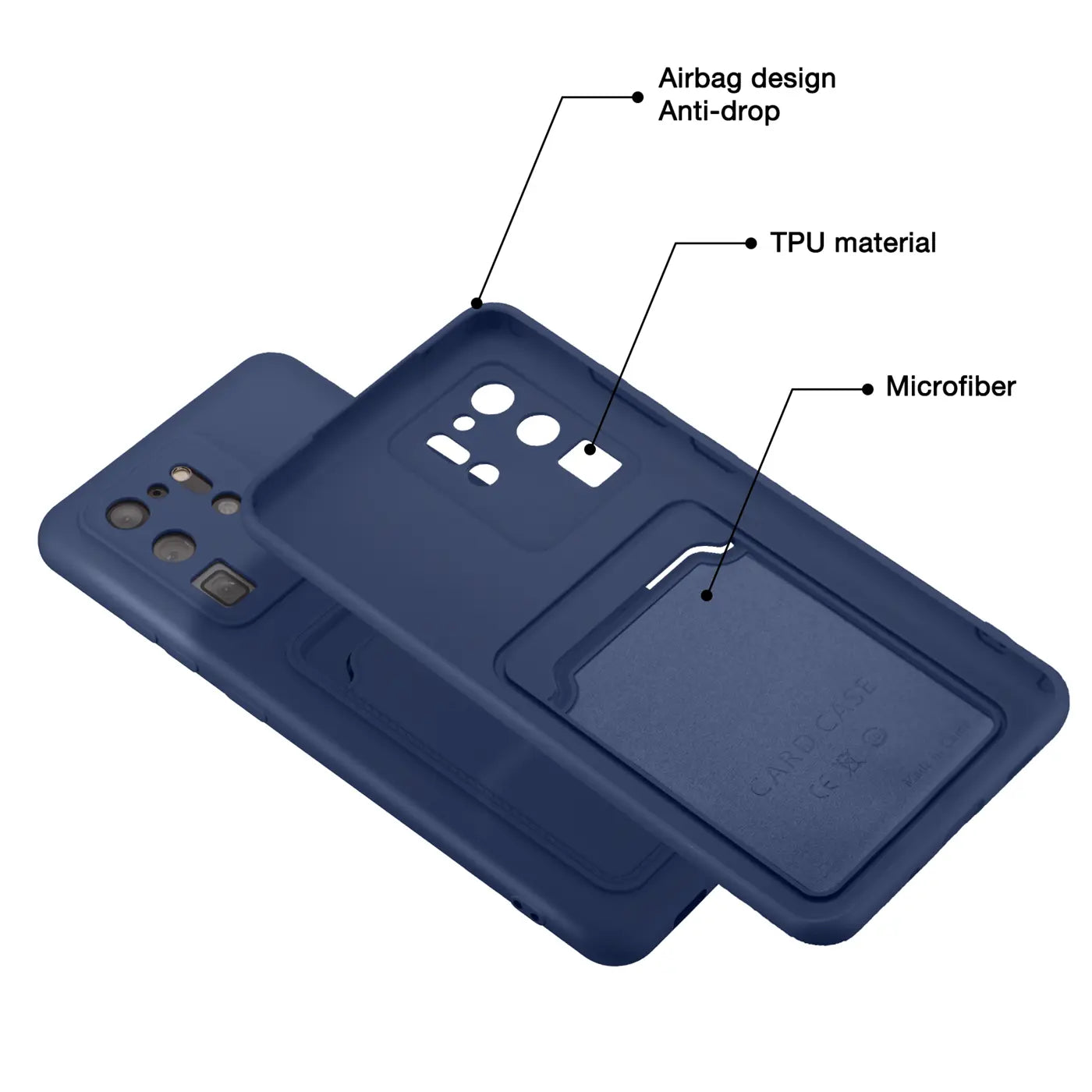 Dunkelblaue TPU-Hülle mit Kartenfach für Samsung S20 Ultra, von hinten gezeigt.