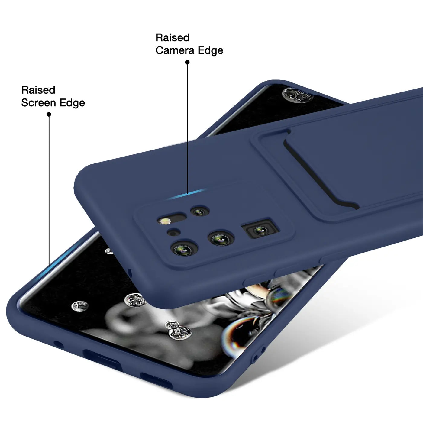 Dunkelblaue Hülle mit Kartenfach für Samsung S20 Ultra, von oben, mattes Material.