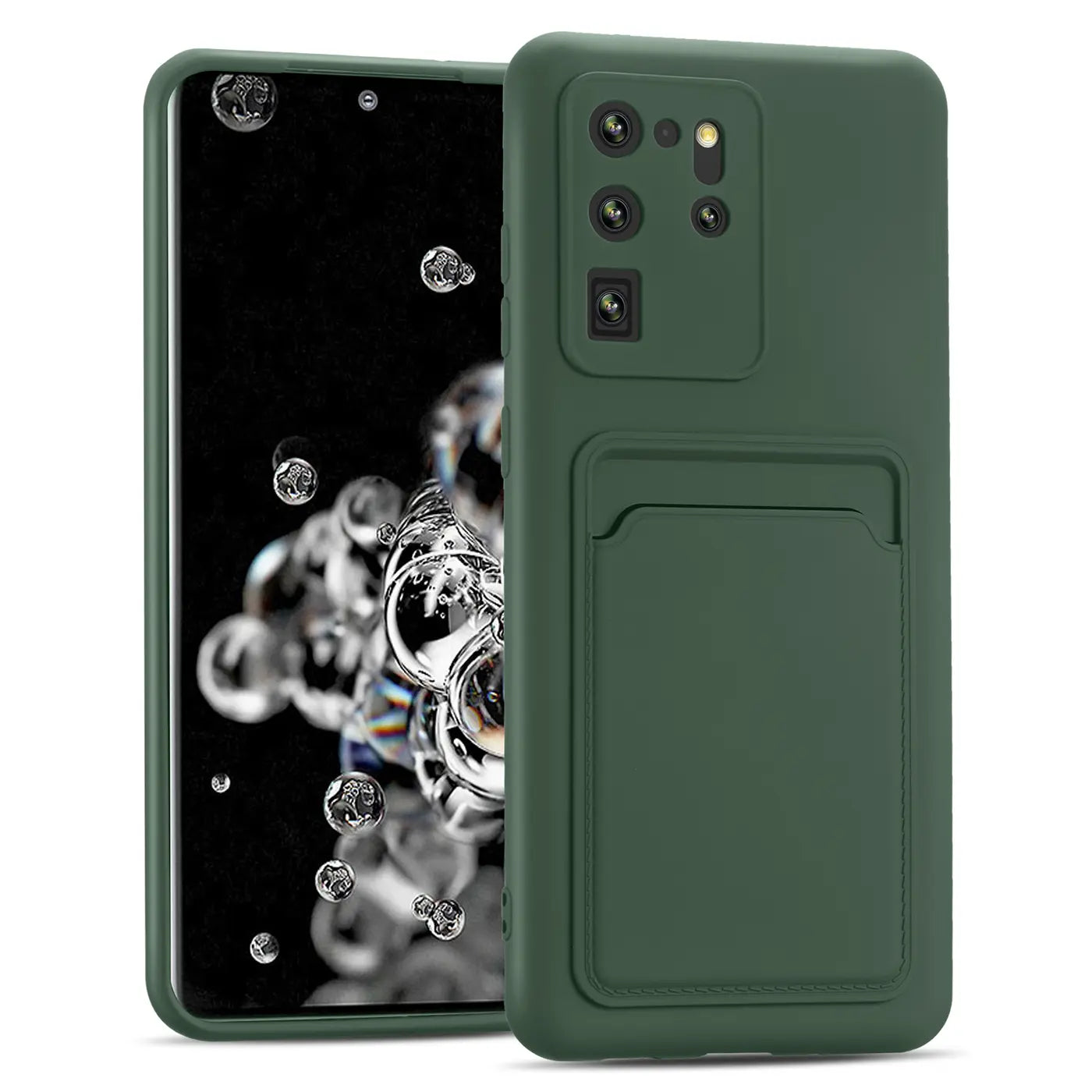 Dunkelgrüne Slim-Hülle aus Kunststoff mit Kartenfach für Samsung Galaxy S20 Ultra, von vorne/schräg