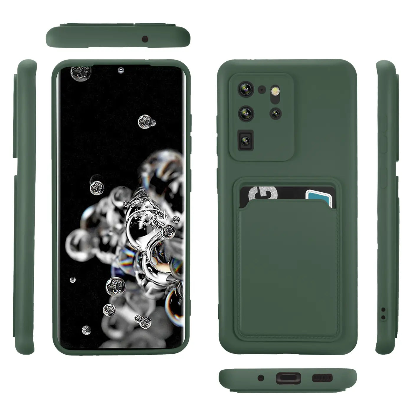 Dunkelgrüne Handyhülle aus Kunststoff mit Kartenfach, Vorder- und Rückansicht, Samsung S20 Ultra.