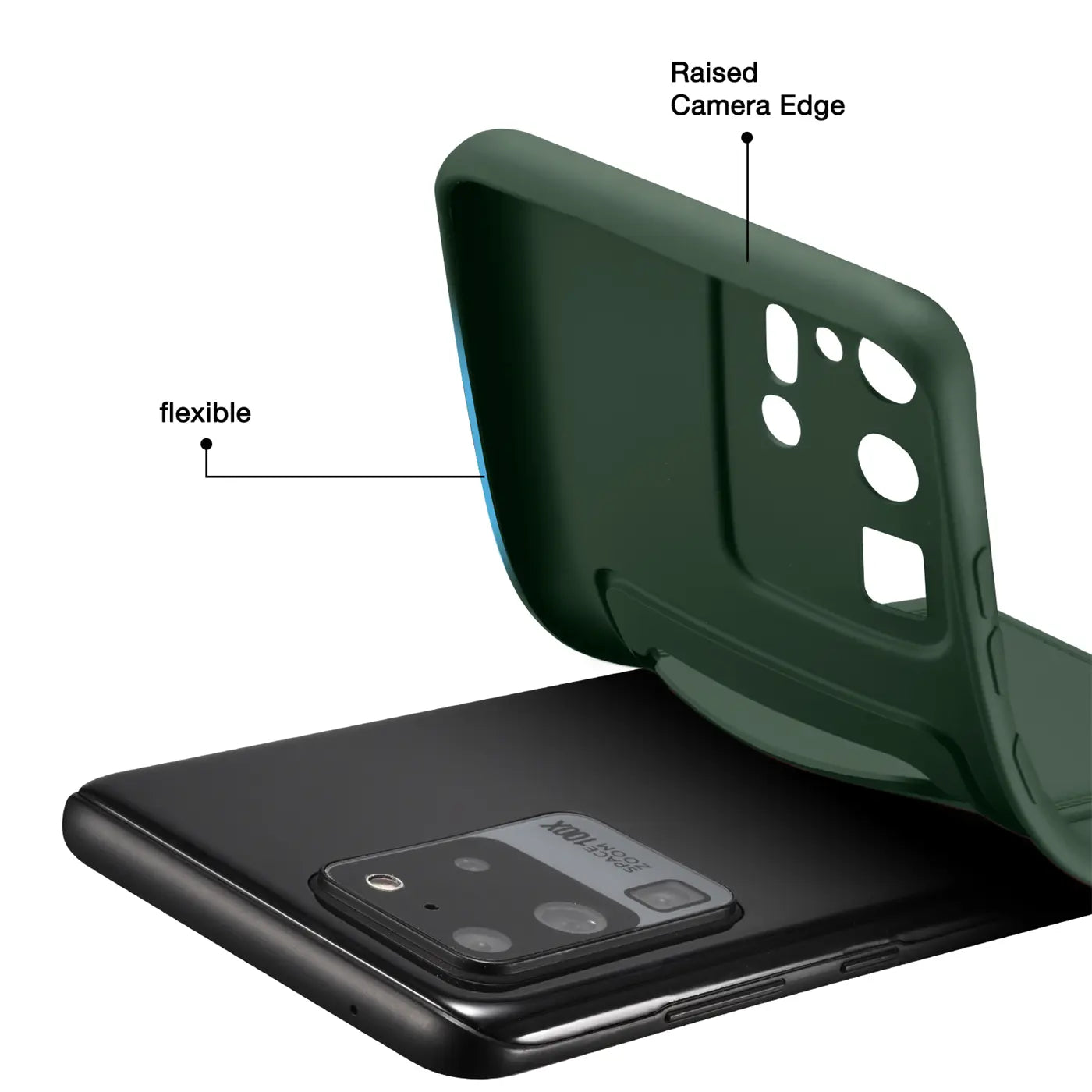 Dunkelgrüne flexible Hülle wird auf ein schwarzes Samsung S20 Ultra gelegt.