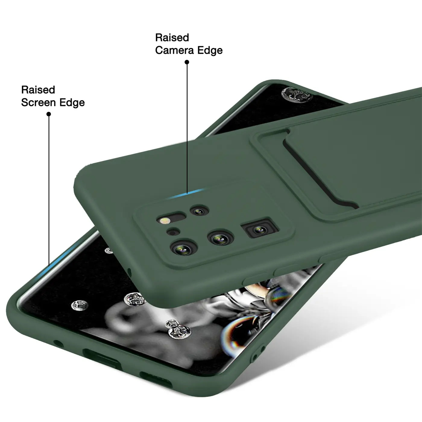 Dunkelgrüne Slim Hülle mit Kartenfach, zeigt Samsung S20 Ultra, Nahaufnahme
