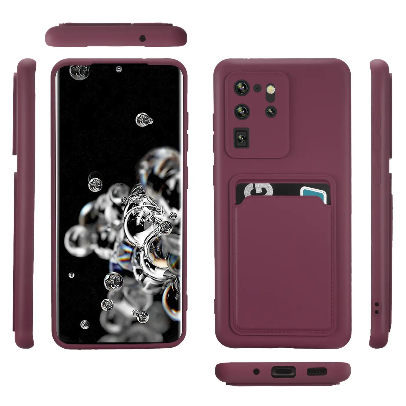 Dunkelrote Handyhülle aus Kunststoff mit Kartenfach, zeigt Samsung S20 Ultra von vorne, hinten und Seite.
