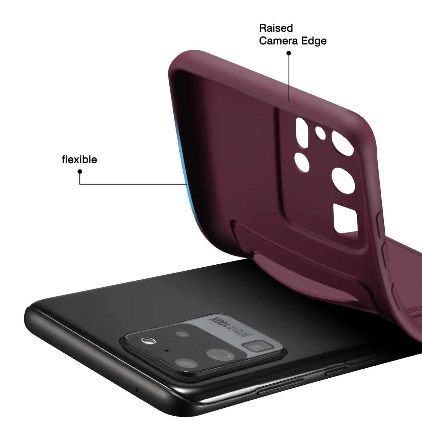 Dunkelrote flexible Hülle, von oben auf ein schwarzes Samsung S20 Ultra gelegt.