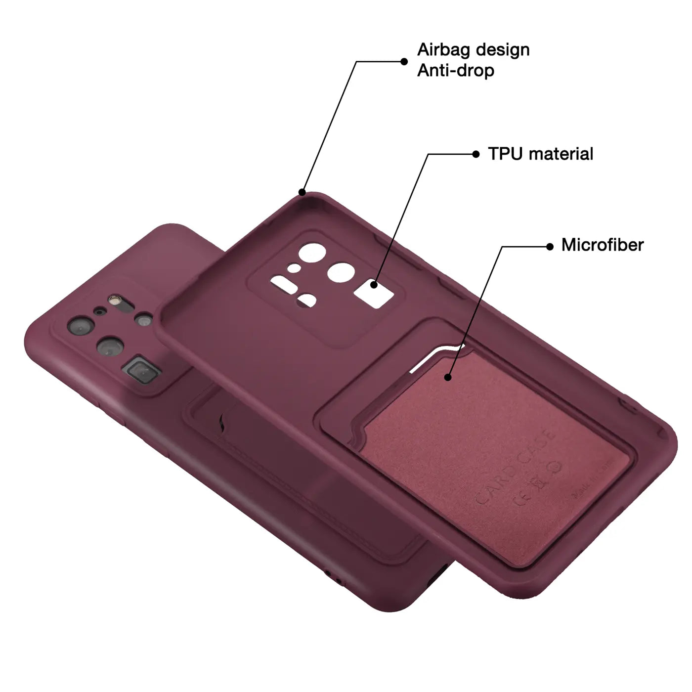 Dunkelrote TPU-Hülle mit Kartenfach, Rückansicht, für Samsung S20 Ultra.