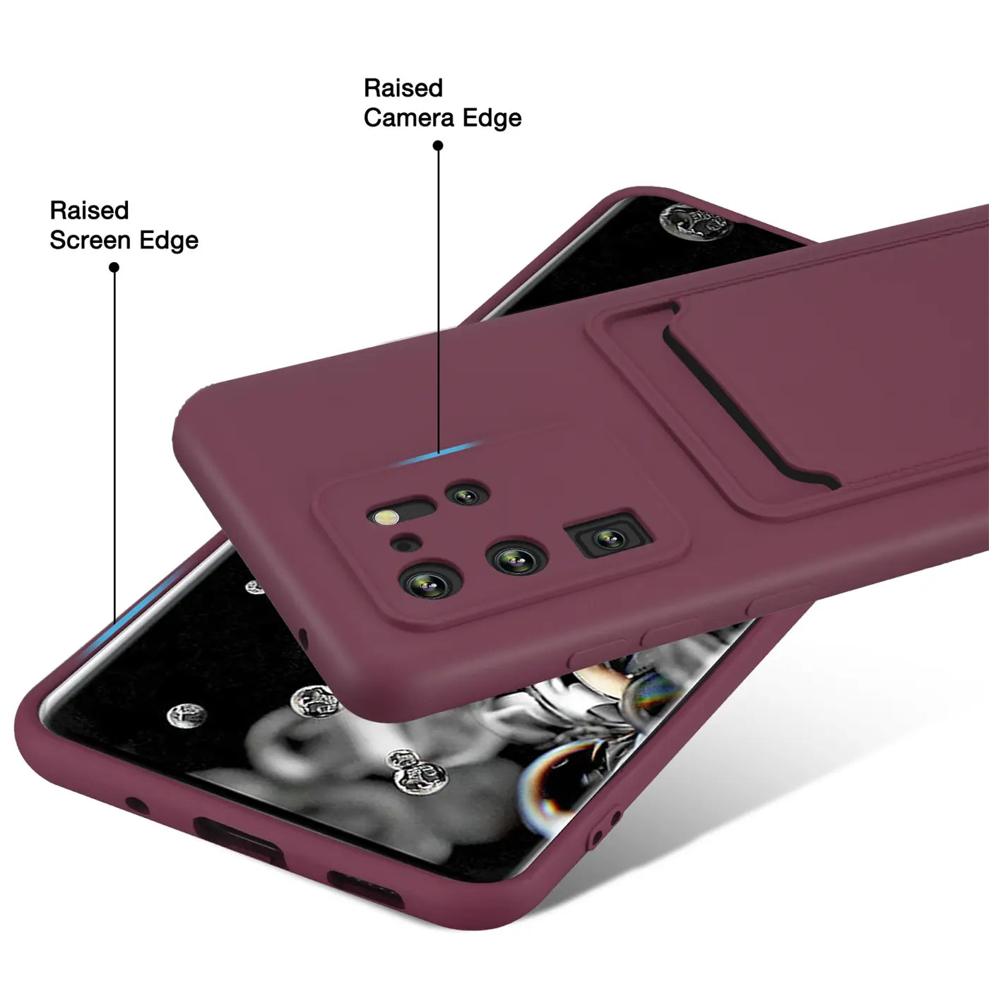 Dunkelrote Handyhülle aus Kunststoff mit Kartenfach, zeigt Samsung S20 Ultra von hinten, schräg.