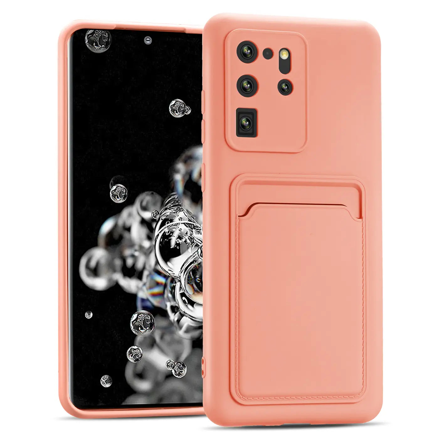 Korallenfarbene Hülle aus Kunststoff mit Kartenfach für Samsung Galaxy S20 Ultra, von vorne links gezeigt.