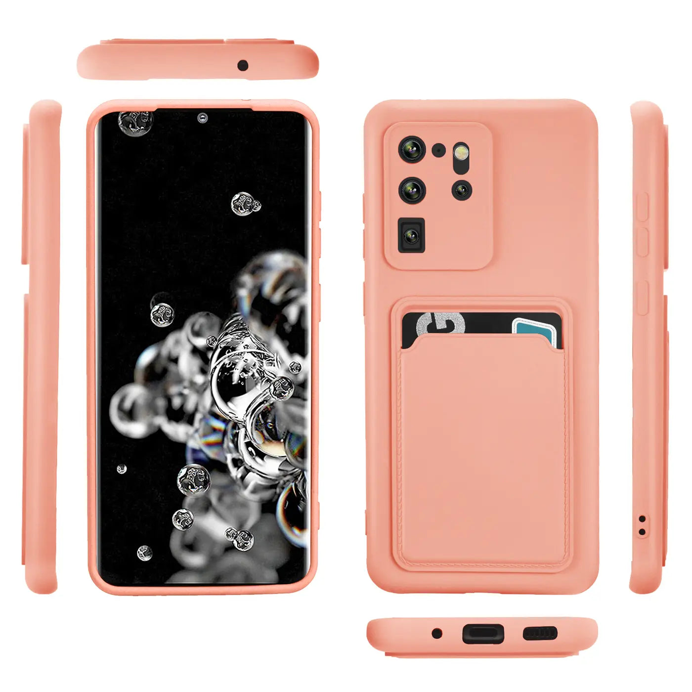 Pfirsichfarbene Slim Hülle mit Kartenfach für Samsung Galaxy S20 Ultra, verschiedene Ansichten.