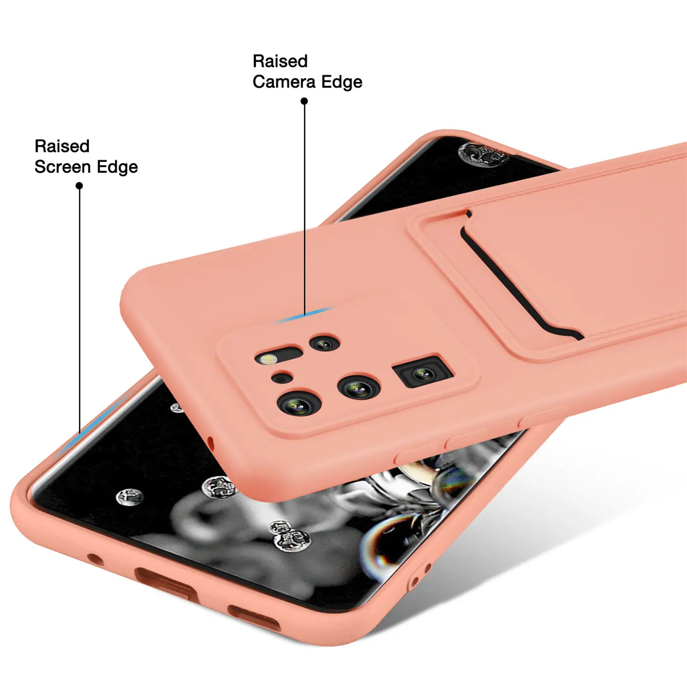 Rosa Hülle mit Kartenfach, Nahaufnahme, Samsung S20 Ultra mit Kameraöffnung.