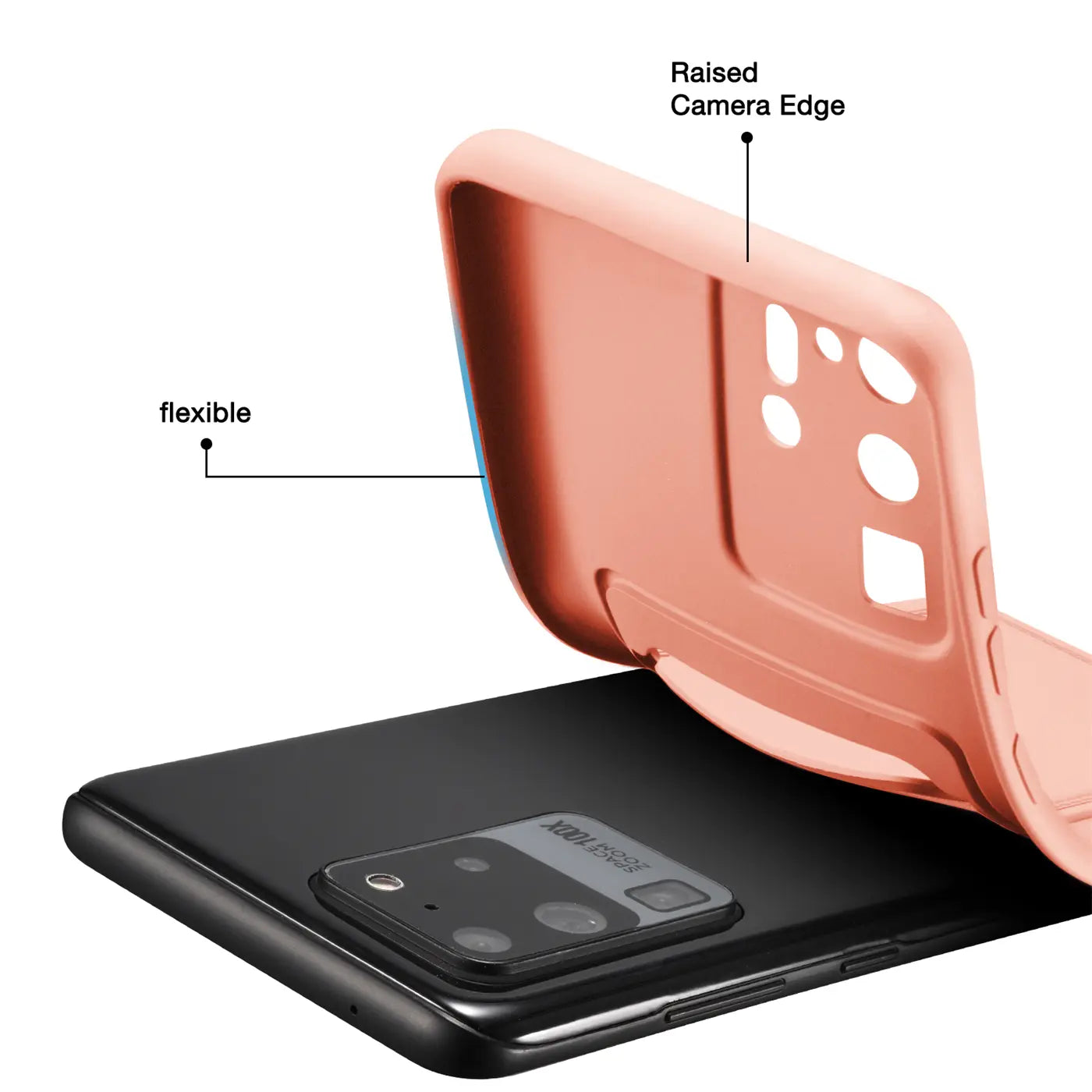 Rosa Hülle aus flexiblem Material, von oben auf ein schwarzes Samsung S20 Ultra gelegt.