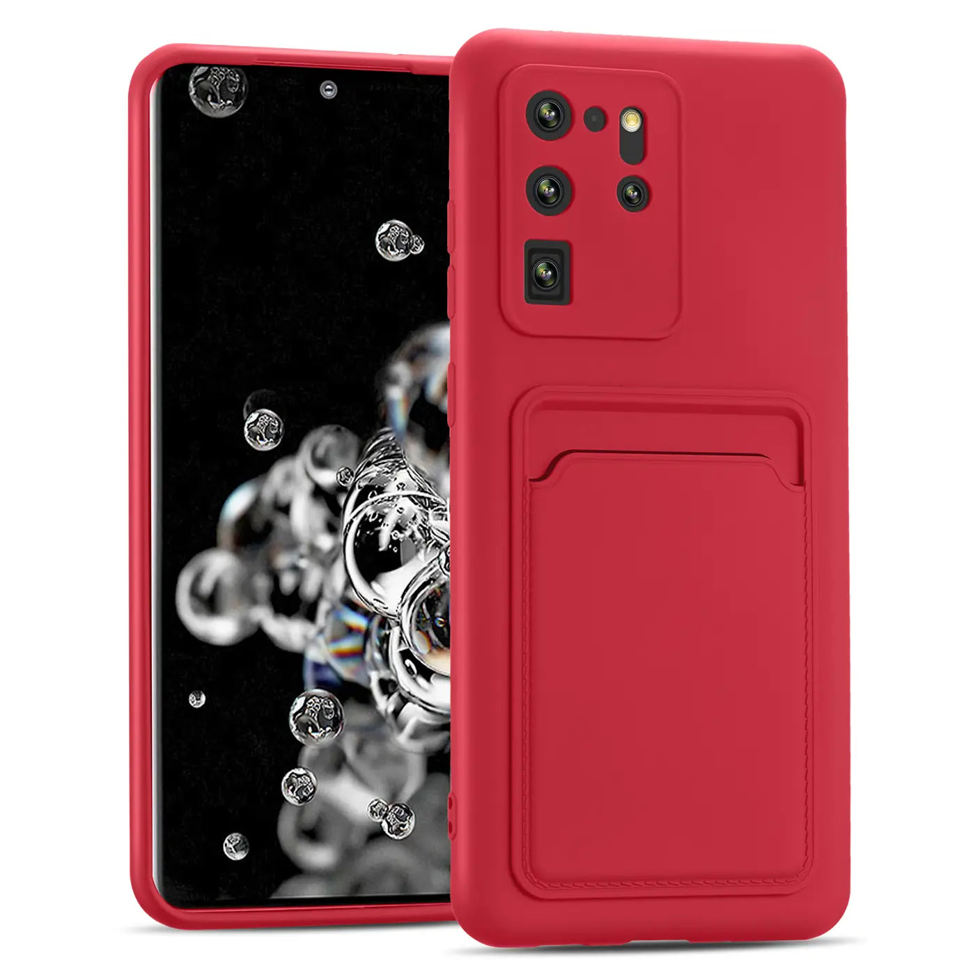 Rote Hülle mit Kartenfach für Samsung S20 Ultra, von vorne/leicht schräg.