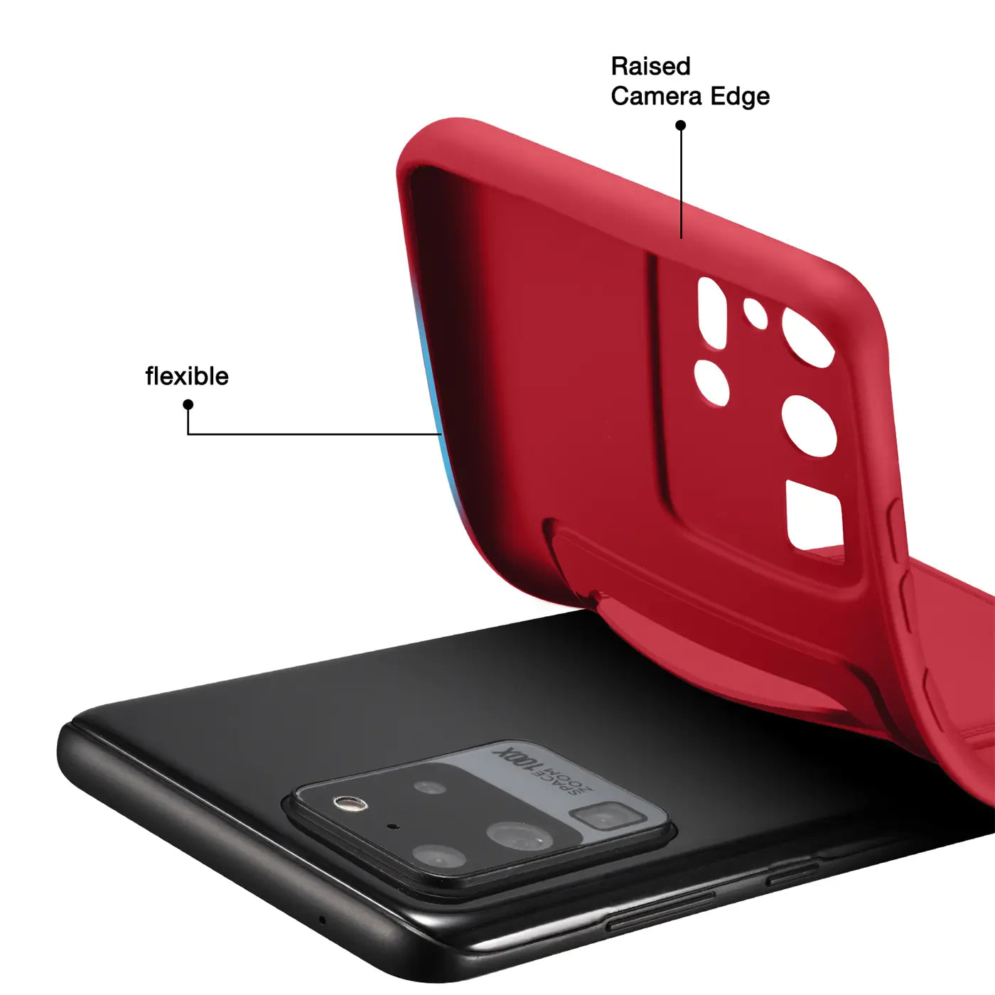 Rote flexible Hülle wird auf ein schwarzes Samsung S20 Ultra aufgesetzt.