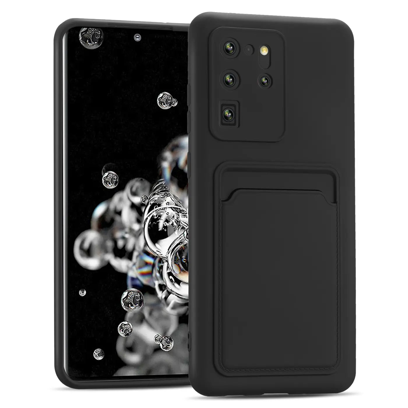 Schwarze Slim Hülle aus Kunststoff mit Kartenfach für Samsung Galaxy S20 Ultra, von vorne schräg