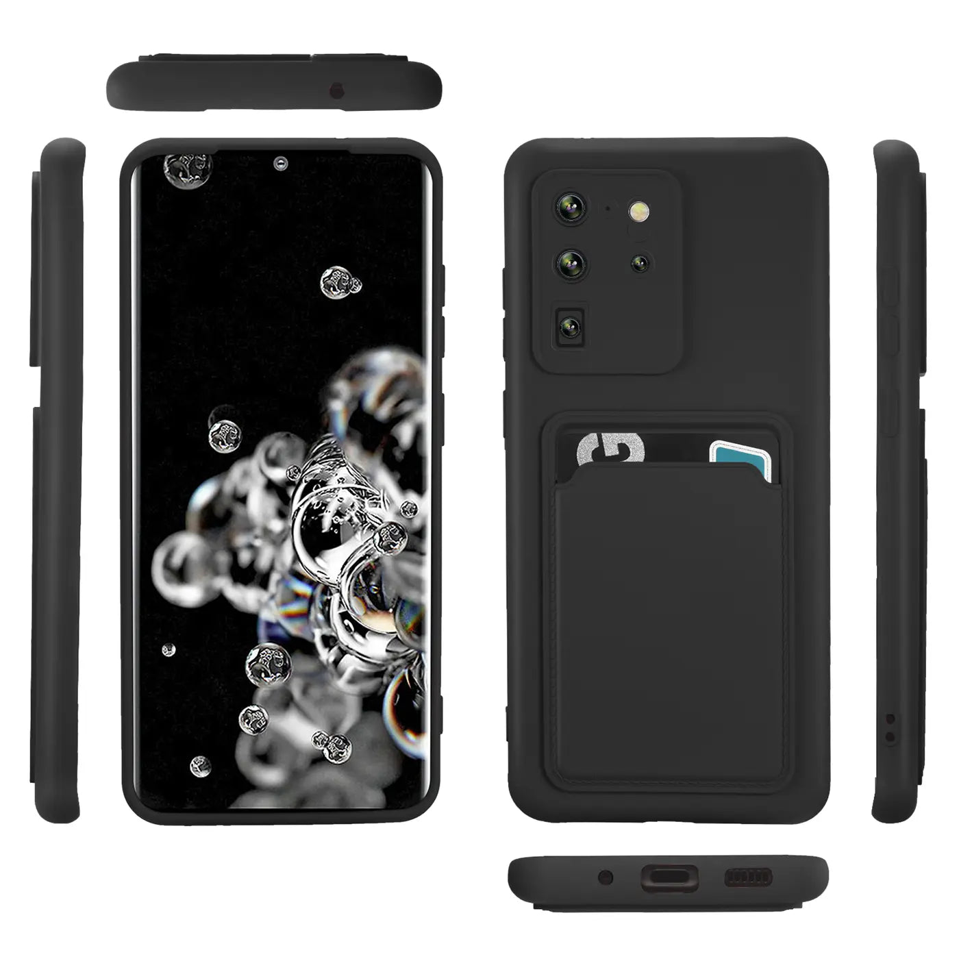 Schwarze Slim Hülle mit Kartenfach für Samsung S20 Ultra, verschiedene Ansichten