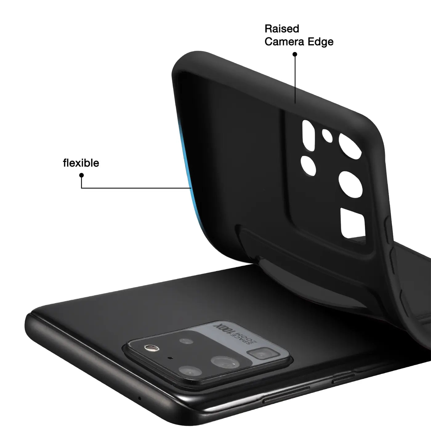 Schwarze flexible Hülle wird auf ein Samsung Galaxy S20 Ultra gelegt.
