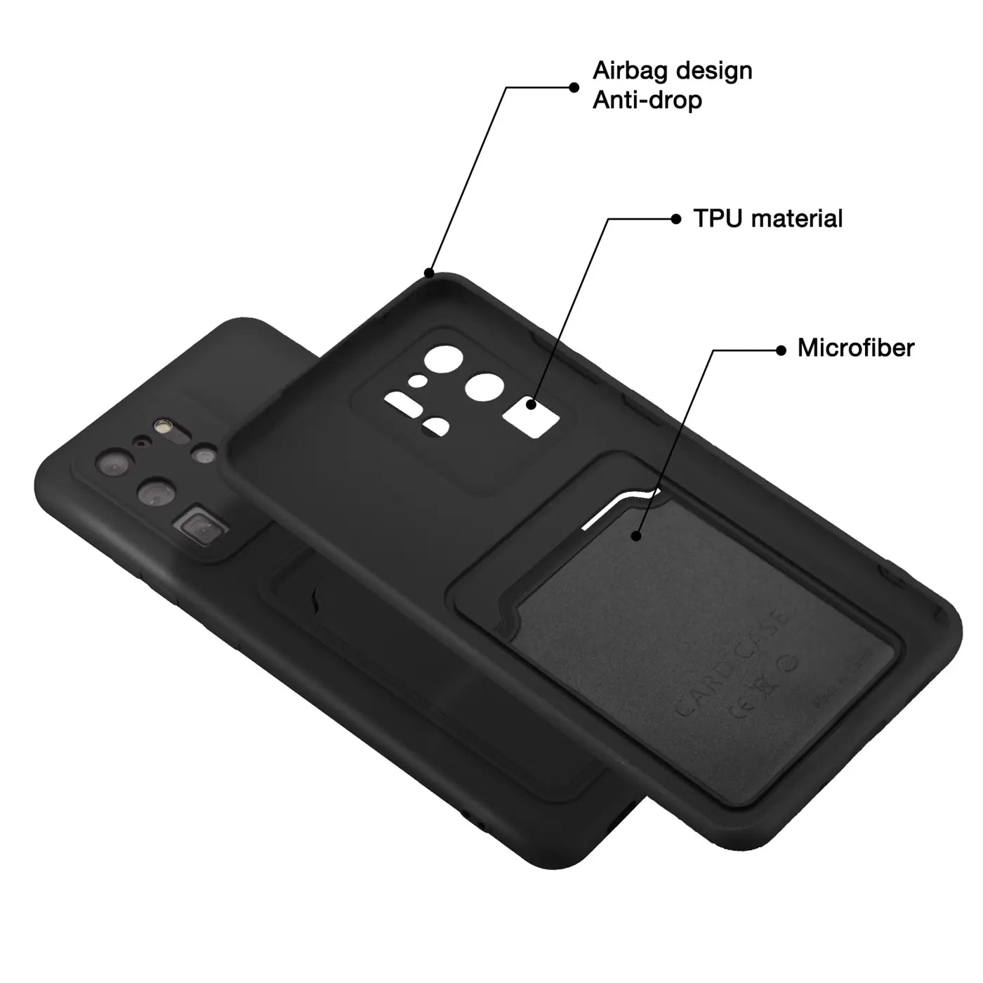 Schwarze TPU-Hülle mit Kartenfach für Samsung S20 Ultra, von schräg oben gezeigt.