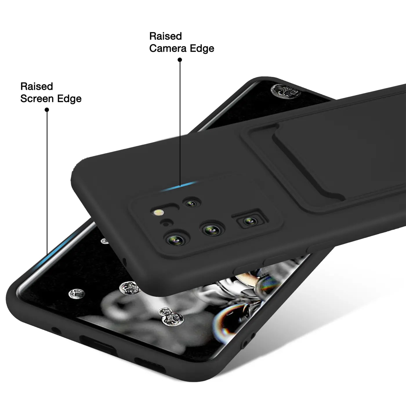 Schwarze Slim Hülle aus Gummi mit Kartenfach, zeigt Rückseite eines Samsung S20 Ultra.