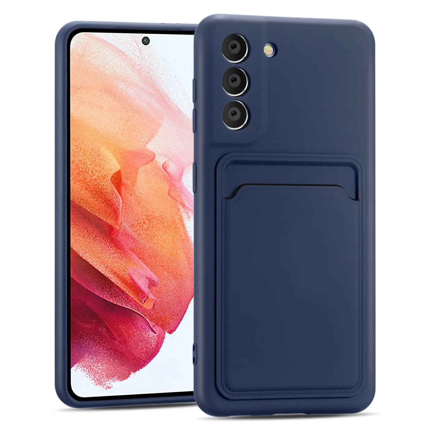 Dunkelblaue Slim Hülle aus Kunststoff mit Kartenfach, Vorderansicht, Samsung Galaxy S21 FE.