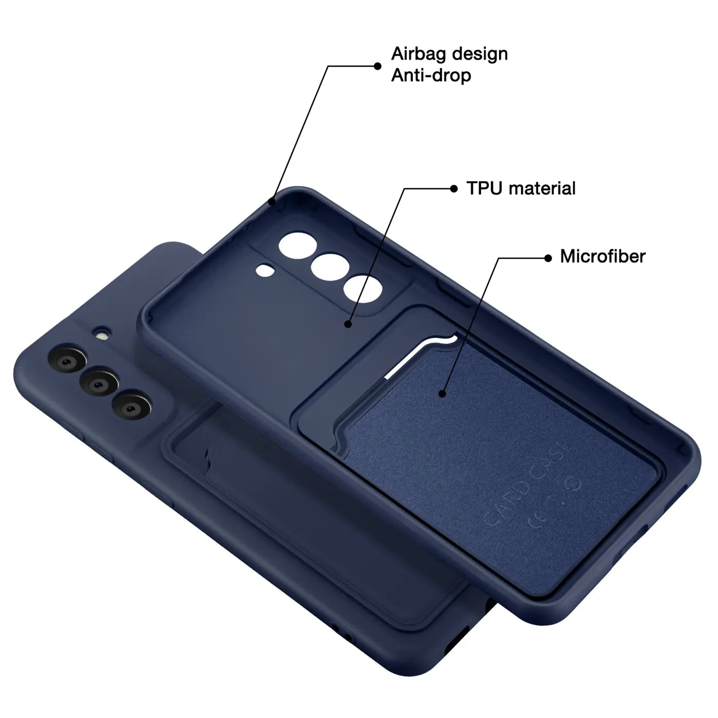 Dunkelblaue TPU-Hülle mit Kartenfach für Samsung Galaxy S21 FE, von oben gesehen.