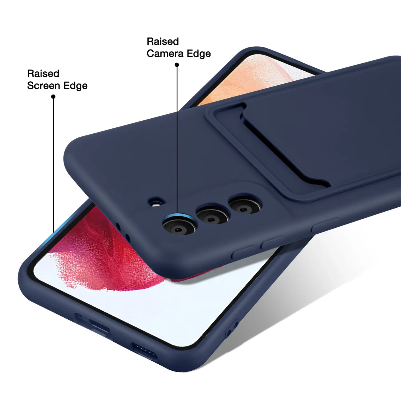 Dunkelblaue Slim Hülle aus Kunststoff mit Kartenfach, Nahaufnahme, Samsung Galaxy S21 FE.
