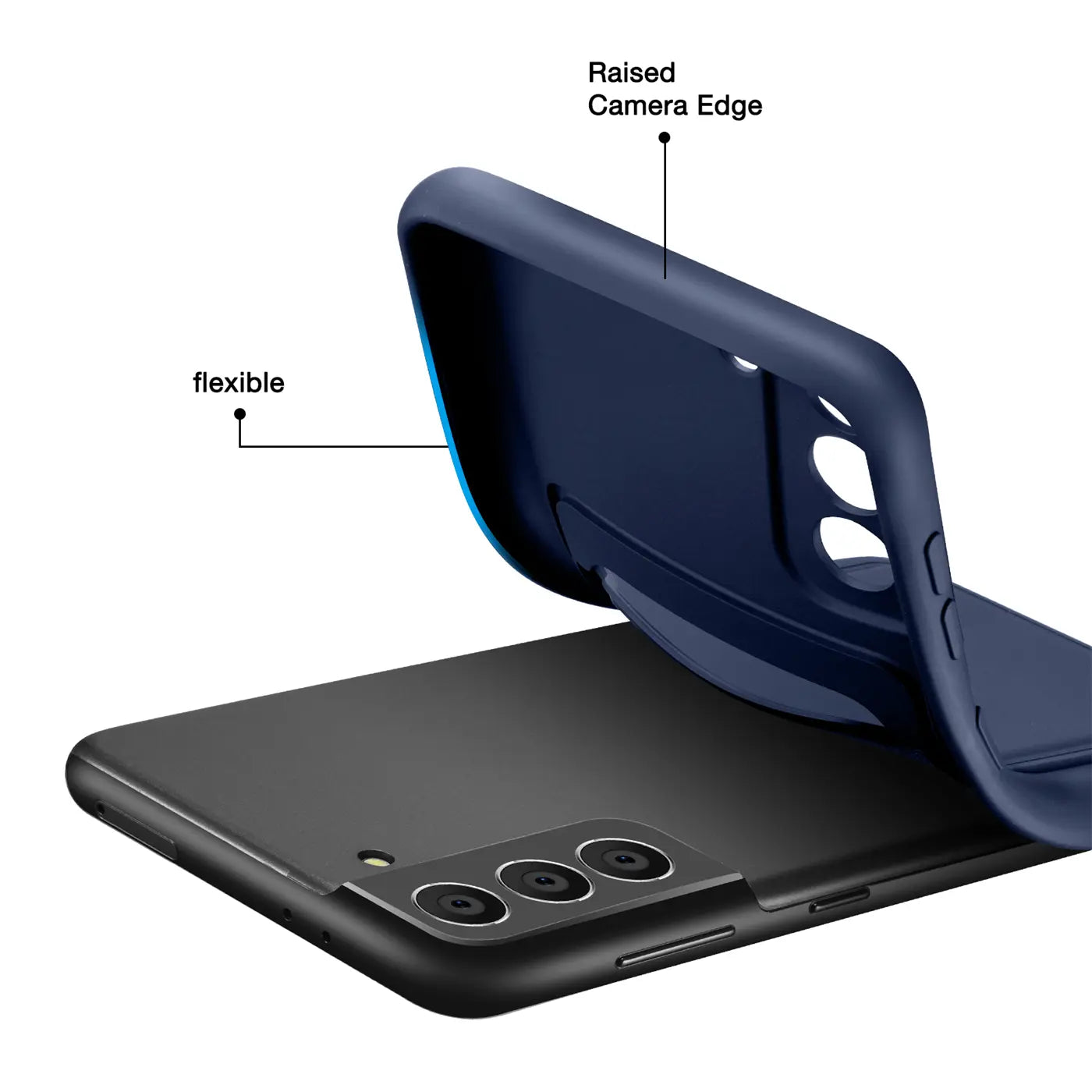 Dunkelblaue flexible Hülle wird auf ein schwarzes Samsung S21 FE aufgesetzt.