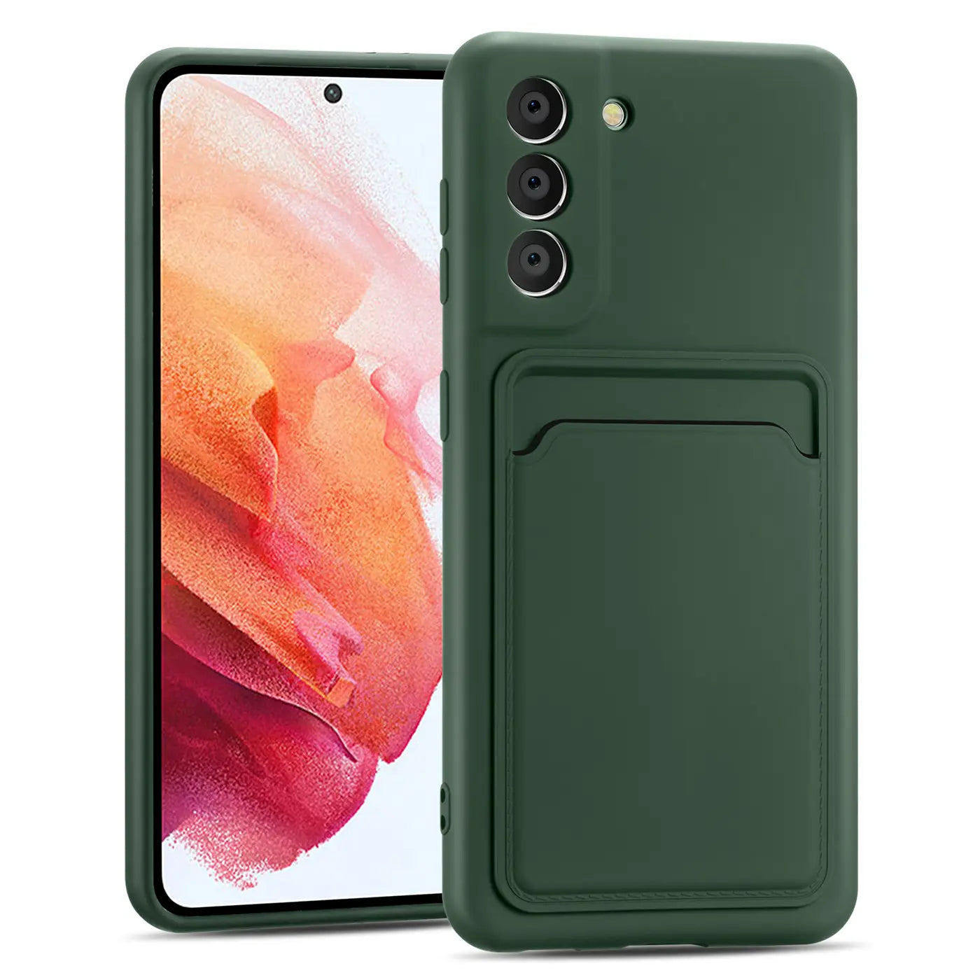 Dunkelgrüne Slim Hülle aus Kunststoff mit Kartenfach, Vorderansicht, Samsung Galaxy S21 FE.