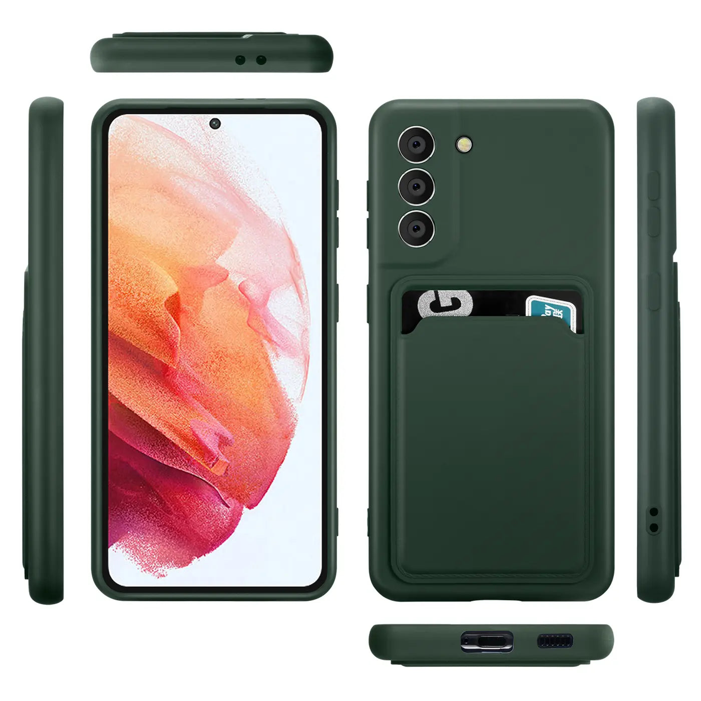 Dunkelgrüne Slim Hülle aus Kunststoff mit Kartenfach für Samsung Galaxy S21 FE, verschiedene Ansichten.