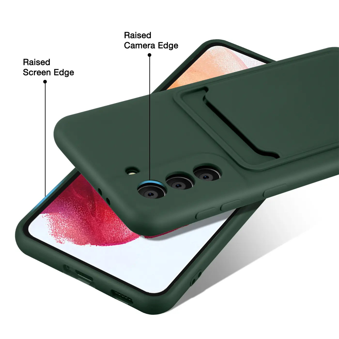 Dunkelgrüne Slim Hülle aus Kunststoff mit Kartenfach, zeigt Samsung S21 FE von oben.