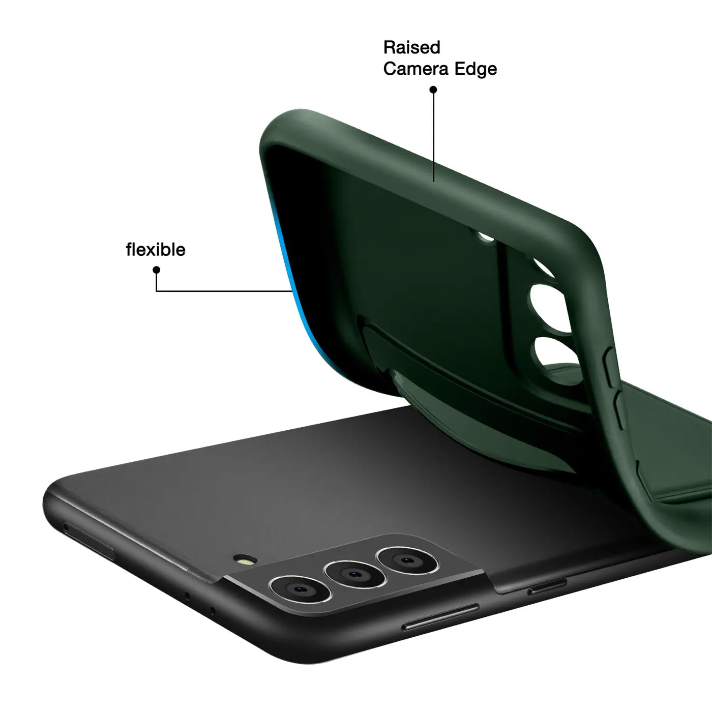 Dunkelgrüne, flexible Hülle wird auf ein schwarzes Samsung S21 FE gelegt.