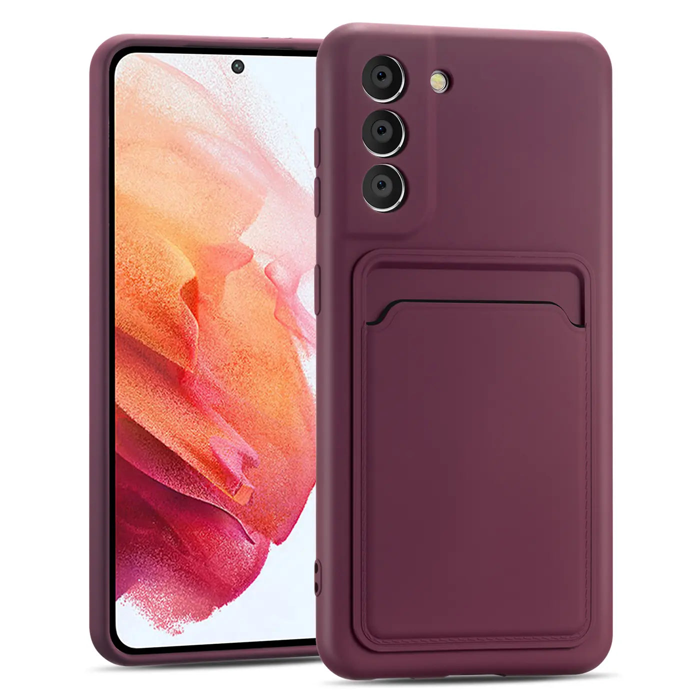 Dunkelrote Slim Hülle mit Kartenfach für Samsung Galaxy S21 FE, von vorne links gesehen.