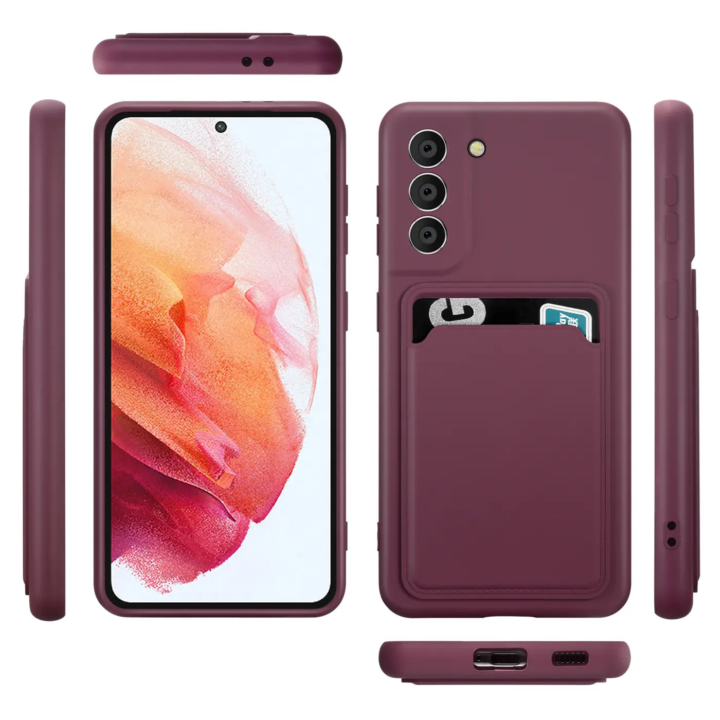 Dunkelrote Slim Hülle mit Kartenfach, zeigt Samsung S21 FE von vorne, hinten, Seite, oben, unten.