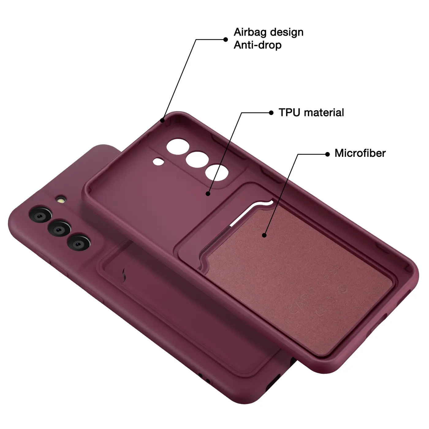 Dunkelrote TPU-Hülle mit Kartenfach und Mikrofaserfutter für Samsung Galaxy S21 FE, von oben betrachtet.