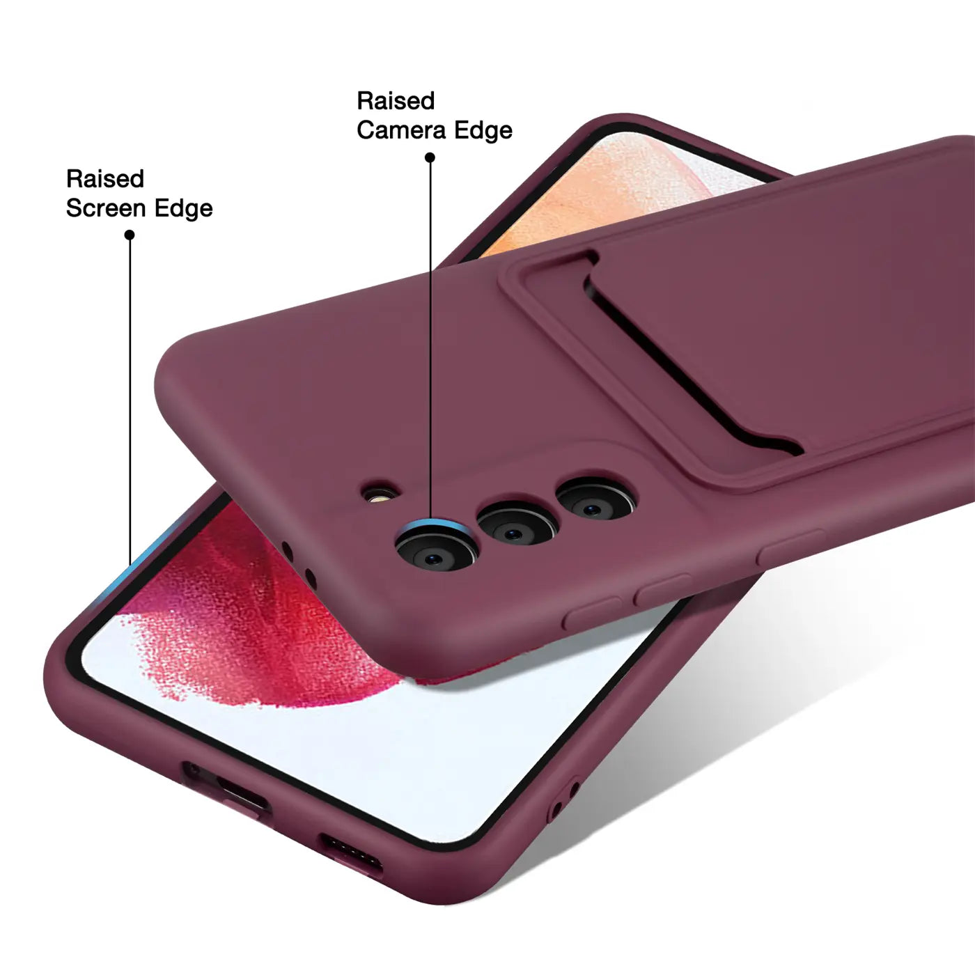 Dunkelrote Slim Hülle aus Kunststoff mit Kartenfach, zeigt Samsung S21 FE von oben.