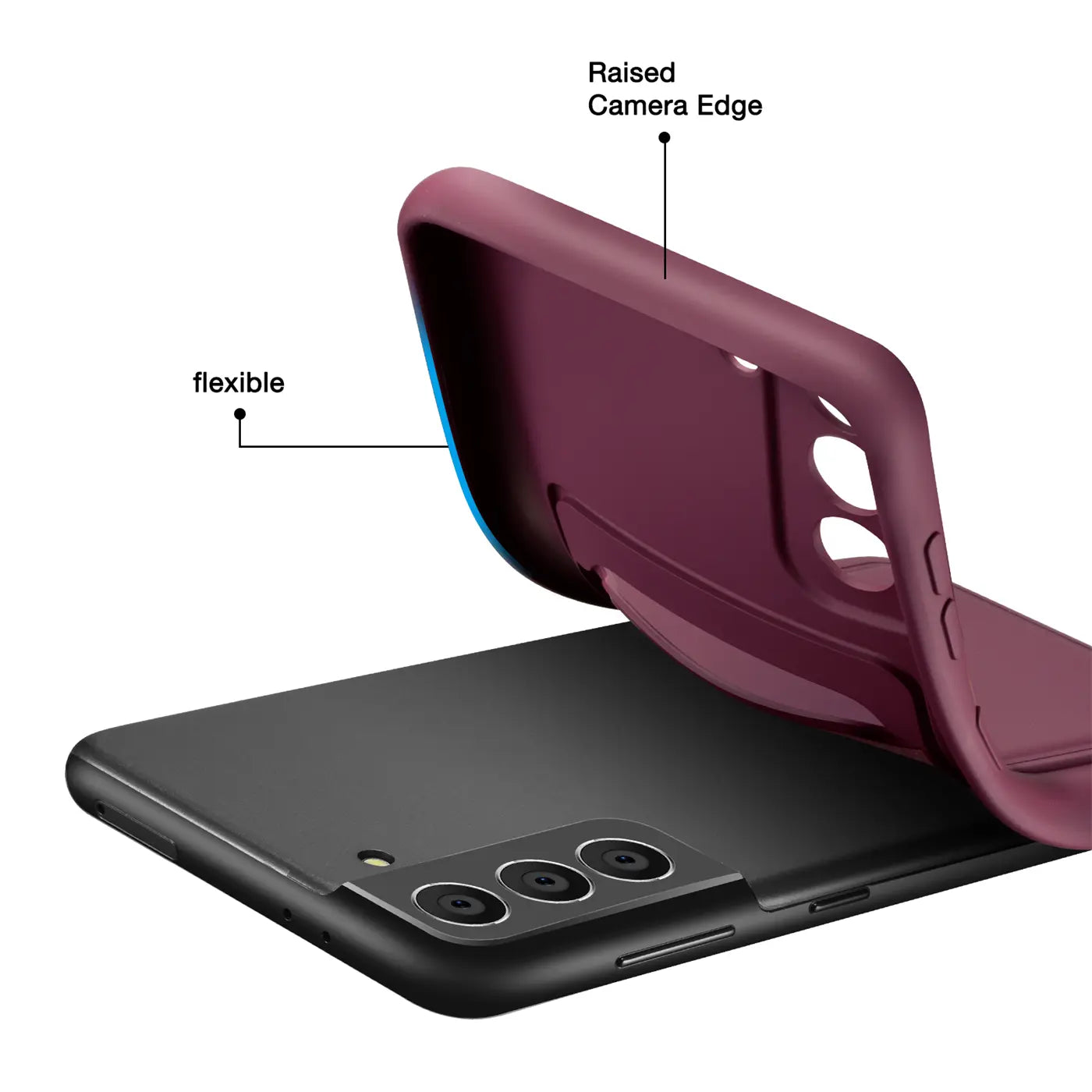 Dunkelrote, flexible Hülle mit Kartenfach über einem schwarzen Samsung S21 FE.