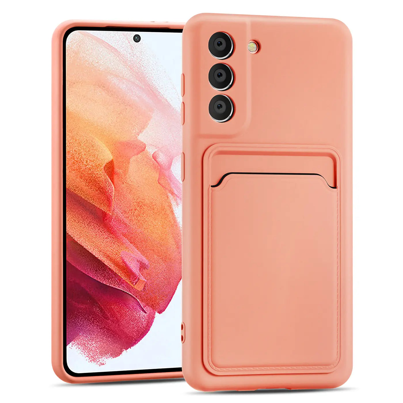 Korallefarbene Slim Hülle mit Kartenfach für Samsung S21 FE, von vorne seitlich