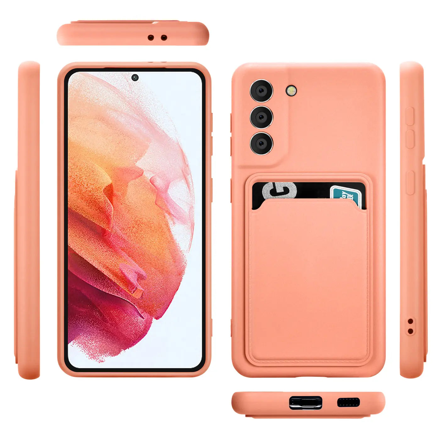 Orange Slim Hülle mit Kartenfach für Samsung S21 FE, verschiedene Ansichten.